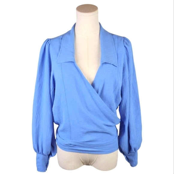 Love 1X Blue Wrap Blouse Puff Sleeve Smocked Waist Tie Back V-Neck Top - Picture 1 of 8